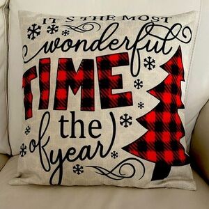 Plaid Christmas Throw Pillow 18x18 – Zippered Cover, Holiday Decor, Snowflakes &